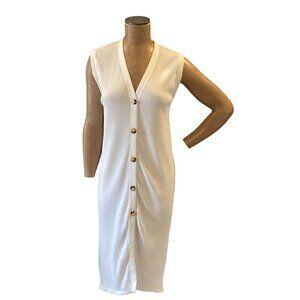Zara Ribbed Knit V-Neck Button-Up Sleeveless Midi Dress Sz S White 265D